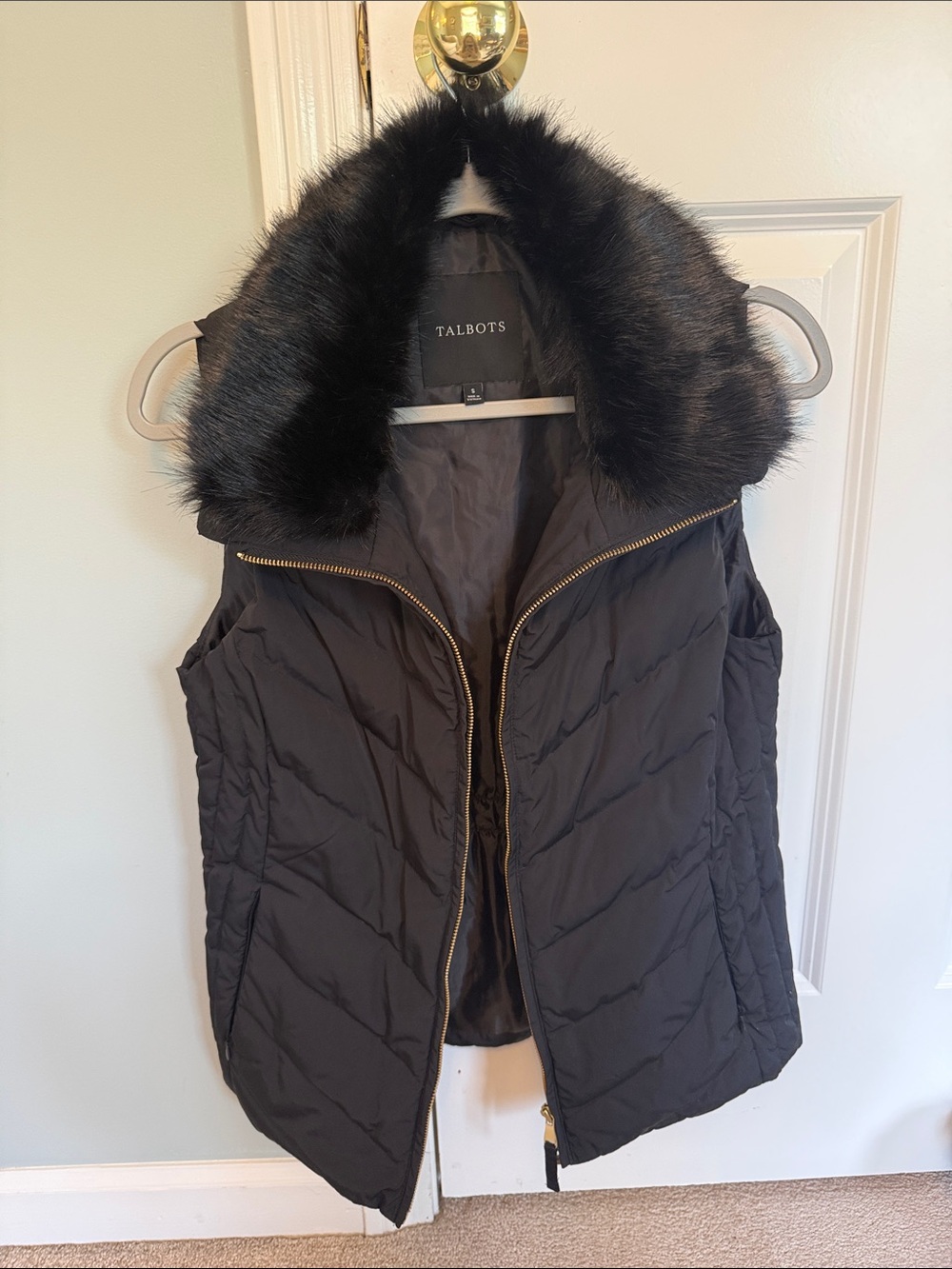 Talbots Black Quilted Puffer Vest with Faux Fur Trim